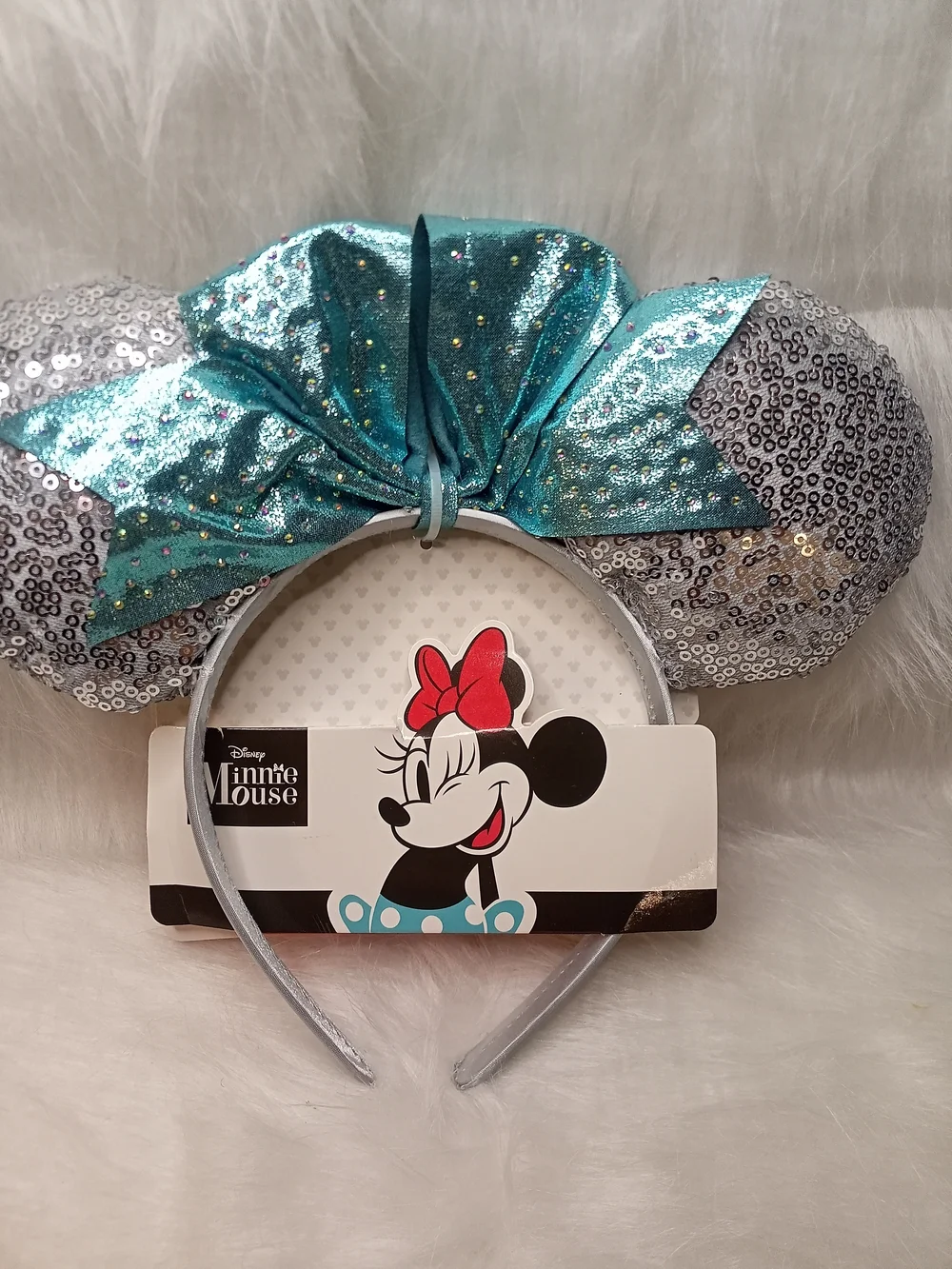 Disney Silver Sequin Minnie Ear Headband with Aqua Bow